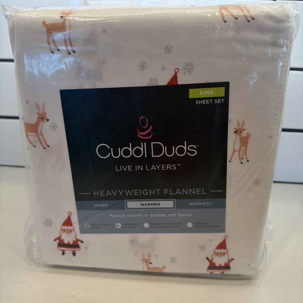 Cuddl Duds King Bed Sheet Set‎ Christmas Santa Reindeer Heavyweight Flannel NEW!